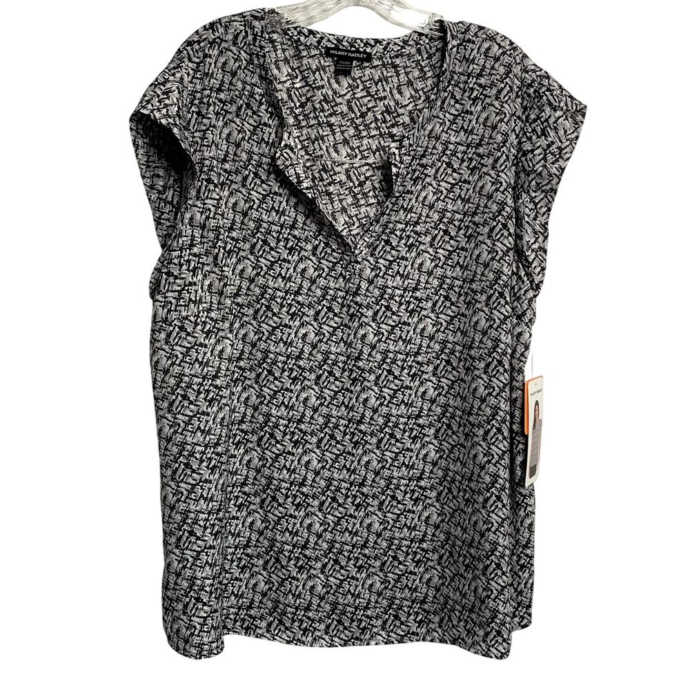 NWT Hilary Radley Womens Sz XXL Cap Sleeve Blouse Black White Flowy Business